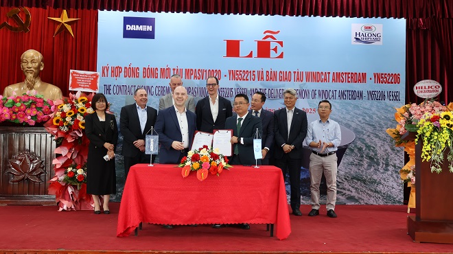 Lãnh đạo công ty và Đại diện tập đoàn Damen ký ký kết hợp đồng đóng mới chiếc tàu thứ 7 cho CMB.Tech - tàu Hỗ trợ Lưu trú Đa năng (MPASV 10020)
